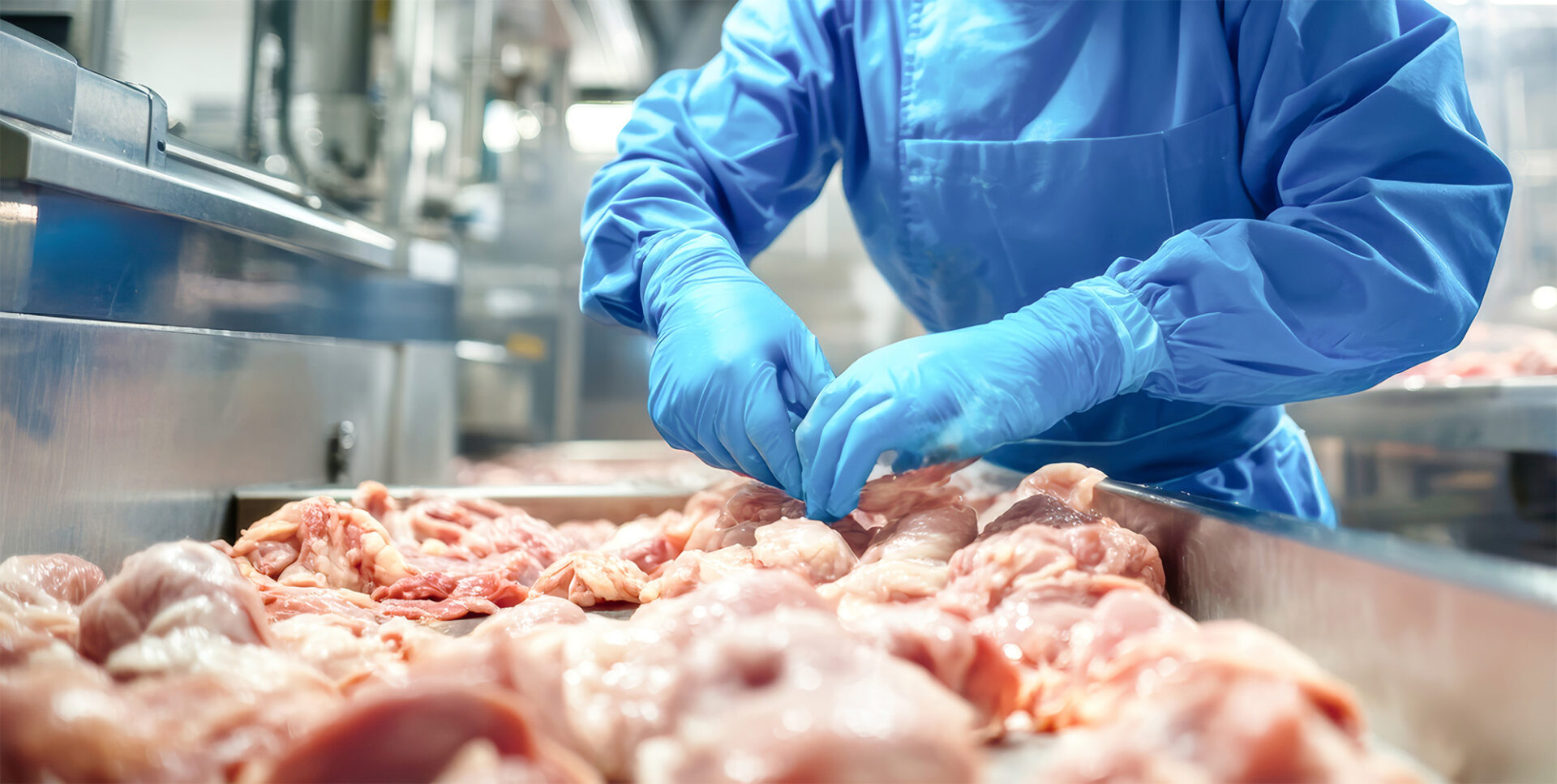 poultry processing plant worker wearing sanitized equipment